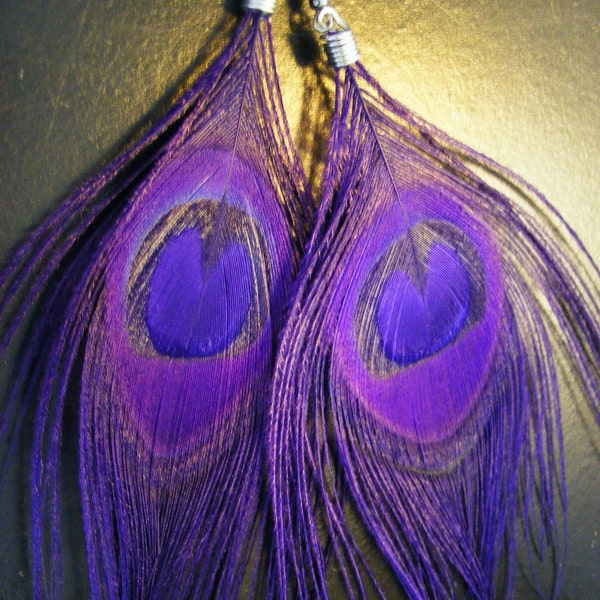 Deep Purple Peacock Feather Earrings