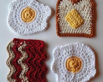 Breakfast Coasters - Sunny Side Eggs, Buttered Toast, Bacon Crochet Drink Coasters Set, Cute Stocking Stuffer, Fun Gift for Mom Dad Friend