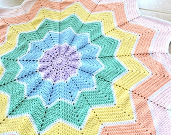 Rainbow Baby Blanket, Large Crochet Pastel Rainbow Starburst Afghan, Baby Shower or New Baby Gift, Car Seat Cover, Tummy Time Blanket