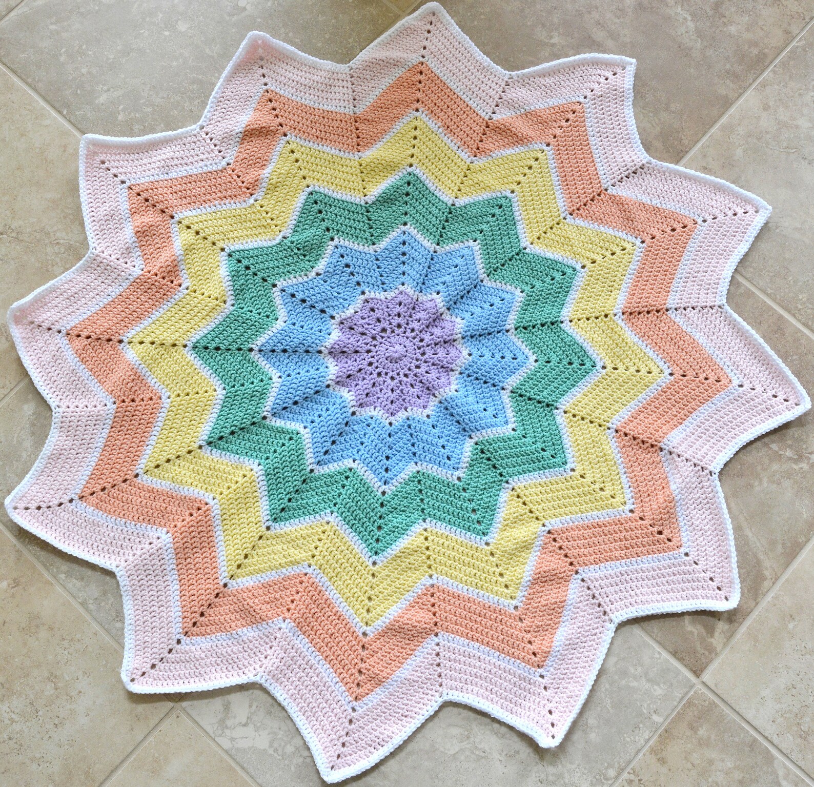 Rainbow Baby Blanket, Large Crochet Pastel Rainbow Starburst Afghan