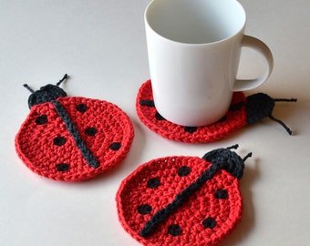 Ladybug Coasters, Set of 4 or 6, Crochet Ladybug Mug Rugs, Housewarming or Hostess Gift, Summer Decor, Mother's Day, Gift Wrap Available