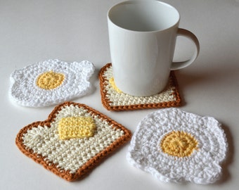 Eggs and Toast Coasters Set, Crochet Breakfast Egg Bread and Butter Coasters, Gift for Mom, Dad, Best Friend, Cute Stocking Stuffer