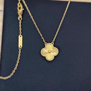 Guilloche 5 clover necklace, Gold Four leaf clover 18k gold plated silver, 15mm ten clover necklace, clover jewelry heavy