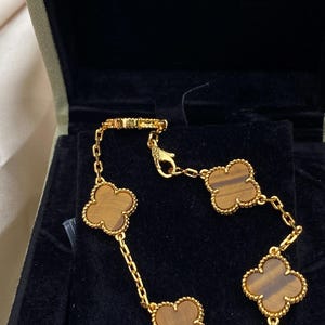 Bracciale vintage a forma di trifoglio placcato oro 18 carati, quadrifoglio da 15 mm. Bracciale a forma di trifoglio, collana in argento con occhio di tigre, gioielli a forma di trifoglio, gioielli a forma di trifoglio