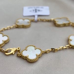 Oynex, chalcedony, malachite, carnaline, 5 clover bracelet, five four leaf clover bracelet 18c gold plated clover, clover jewelry jewellery