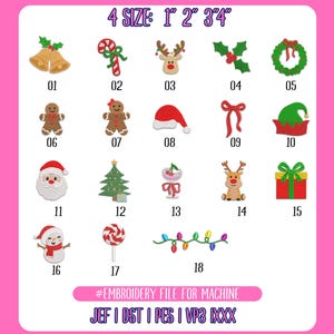 Könnte beinhalten: Eine Sammlung von Stickmotiven zum Thema Weihnachten, darunter Glocken, Zuckerstangen, Rentiere, Stechpalmen, Kränze, Lebkuchenmännchen, Weihnachtsmützen, Schleifen, Elfenhüte, Weihnachtsmänner, Weihnachtsbäume, Ornamente, Rentiere, Geschenkboxen, Schneemänner, Lollis und Lichterketten. Erhältlich in vier Größen: 2.5 cm, 5 cm, 7.6 cm und 10.2 cm.