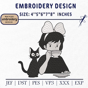 Puede incluir: Diseño de bordado a máquina con una ilustración en blanco y negro de una niña con un lazo, bebiendo té, y un gato negro. Tamaños disponibles: 10,16 cm, 12,7 cm, 15,24 cm, 17,78 cm y 20,32 cm.
