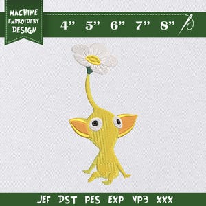 May include: Embroidered yellow creature holding a white daisy with a yellow center. The design is labeled "MACHINE EMBROIDERY DESIGN" and includes size options from 4" to 8". File formats JEF, DST, PES, EXP, VP3, and XXX are listed.
