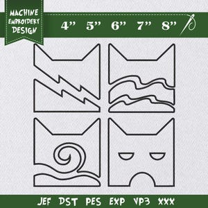 May include: Machine embroidery design with four cat-shaped patterns. The patterns are outlined in black and include lightning bolts, wavy lines, and a swirl. Sizes range from 4" to 8". The text "MACHINE EMBROIDERY DESIGN" is at the top.