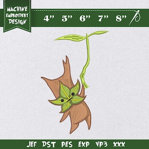 May include: Machine embroidery design featuring a stylized brown and green plant with a star-shaped flower. The design includes the text "MACHINE EMBROIDERY DESIGN" and size indicators from 4" to 8".