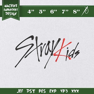 Puede incluir: Diseño de bordado a máquina con el texto "Stray Kids" en negro y rojo. El diseño se muestra sobre un fondo blanco con opciones de tamaño de 10 cm a 20 cm y opciones de formato de archivo.