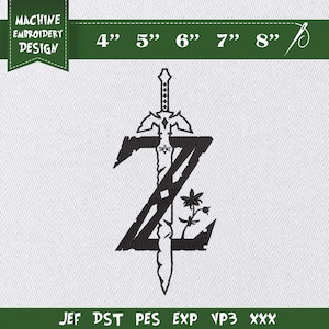 Op de afbeelding: Zwart machineborduurontwerp met een gestileerd zwaard door een letter "Z" met een bloem. Het ontwerp is verkrijgbaar in maten van 10 cm tot 20 cm en bevat de tekst "MACHINE EMBROIDERY DESIGN".