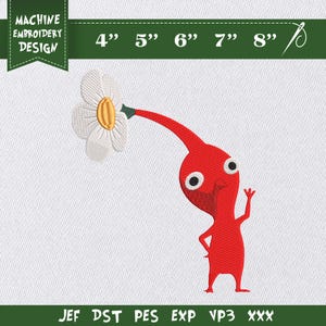 May include: Machine embroidery design featuring a red cartoon character holding a white daisy with a yellow center. The design includes the text "MACHINE EMBROIDERY DESIGN" and size options from 4" to 8".