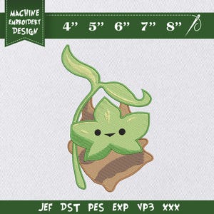 Può includere: Design per ricamo a macchina raffigurante una pianta verde a forma di stella sorridente con stelo e foglie. Il design include opzioni di dimensioni da 10 cm a 20 cm e formati di file JEF, DST, PES, EXP, VP3 e XXX. Su sfondo bianco.