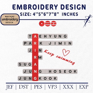 Op de afbeelding: Borduurontwerp met de tekst "EMBROIDERY DESIGN" en maten van 10.16cm tot 20.32cm. Met namen als TAEHYUNG, PARK JIMIN en JUNGKOOK, met een rood hart en "Keep swimming".