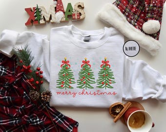 Merry Christmas Tree Embroidery Design, Three Christmas Trees Machine Embroidery File, Holiday Bow Tree Embroidery Pattern for Sweatshirt