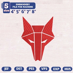 May include: Red geometric fox head embroidery design. Includes sizes 4", 5", 6", 7", and 8". The image also includes the text "EMBROIDERY FILE FOR MACHINE" and file types JEF, DST, PES, VP3, EXP, and HUS.