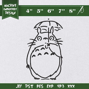 May include: Black outline embroidery design of a cartoon character holding an umbrella. The design includes the text "MACHINE EMBROIDERY DESIGN" and size options from 4" to 8" in height. File formats include JEF, DST, PES, EXP, VP3, and XXX.