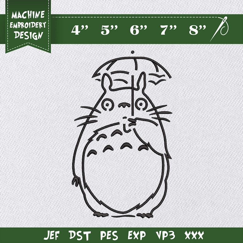 May include: Black outline embroidery design of a cartoon character holding an umbrella. The design includes the text "MACHINE EMBROIDERY DESIGN" and size options from 4" to 8" in height. File formats include JEF, DST, PES, EXP, VP3, and XXX.
