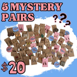 May include: An assortment of earrings displayed on brown cardboard tags, with pink and blue accents. The text "5 MYSTERY PAIRS" is at the top, with a price of $20. Question marks are also visible.