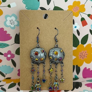 Moon & Stars Dangle Earrings | Spacecore Jewelry | Whimsical Celestial Statement | Rainbow Charms | Handmade Fun Earrings