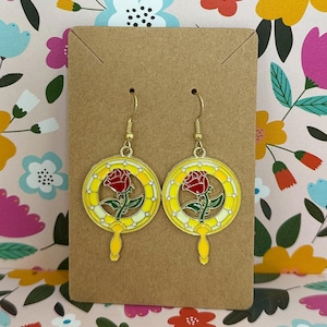 Beauty and the Beast Earrings | Enchanted Rose Dangle | Yellow Mirror Fairytale Jewelry | Handmade Disney Earrings