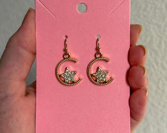 Gold Crescent Moon Star Earrings | Rhinestone Celestial Jewelry