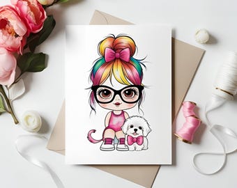 Quirky Girl Clipart Bundle with Dog, Cute Whimsical Girl, Printable Watercolor Clipart, 300 DPI JPGs, High Quality Art for Instant Download