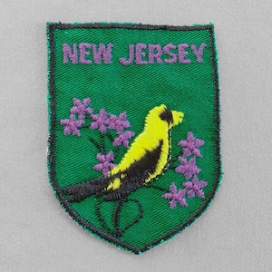 Vintage New Jersey Souvenir Patch 2.75"+, State Bird Flower Emblem, American Goldfinch Blue Violet, Garden State Travel Collectible