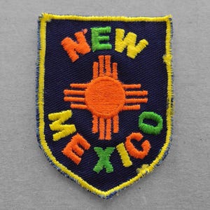 Shabby Vintage Sew On New Mexico Travel Patch 2.6&quot;, Zia Sun Symbol State Flag Emblem, Albuquerque Santa Fe Souvenir Taos Roswell Collectible