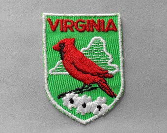 Used Vintage Virginia Patch 2.6"+, Red Cardinal, Dogwood Tree, State Bird Flower, Travel Souvenir, Richmond Norfolk Alexandria
