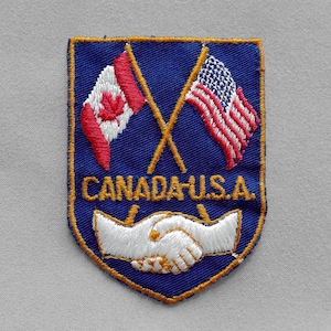 Used Vintage Canadian and American Flags Patch 2.6", USA United States Canada Friendship Handshake, Travel Souvenir
