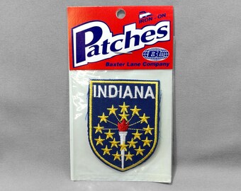 Vintage Indiana Patch 2.75", Embroidered State Flag, Torch Stars, Indianapolis Souvenir, Fort Wayne, Bloomington Collectible