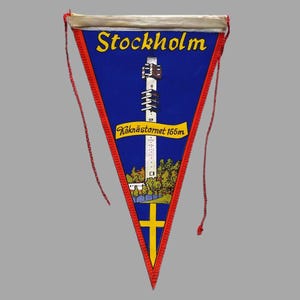 As Is Vintage Stockholm Mini Pennant 10.4&quot;, Kaknäs Tower Souvenir, Kaknästornet, City Hall, Slottet, Swedish Flag, Sweden Travel Collectible
