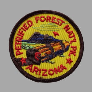 May include: Embroidered patch with a yellow background and a brown border. The patch features the text "PETRIFIED FOREST NAT'L PK. ARIZONA" in red. The center design depicts a landscape with a petrified log and mountains.