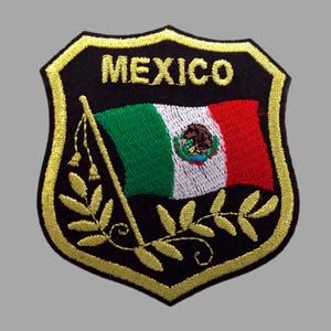 Newer Mexico Flag Patch 3.25", Mexican Souvenir Crest, Latin America Travel Collectible, Cancún Puerto Vallarta, Embroidered On Black Felt