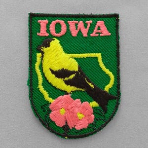 Used Vintage Iowa Patch 2.6", Embroidered Wild Rose, American Goldfinch, State Travel Souvenir, Des Moines, Cedar Rapids
