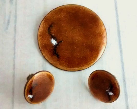 As Is Vintage Enamel Copper Pin and Earring Set, … - image 1