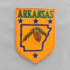 May include: Embroidered patch featuring the state of Arkansas. The patch is orange with a blue outline of the state, a pine cone, and the word "ARKANSAS" in green. Blue stars are above and below the state outline.