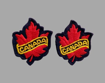 Pair Used Vintage Canada Souvenir Patches 2.5", Embroidered Maple Leaf Patch, Felt Leaves, Canadian Collectible