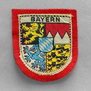 Shabby Used Vintage Bayern Souvenir Patch 2.6", Woven on Red Felt, Bavaria Coat of Arms, Germany Souvenir