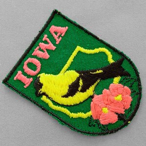 Used Vintage Iowa Patch 2.6", Embroidered Wild Rose, American Goldfinch, State Travel Souvenir, Des Moines, Cedar Rapids image 2