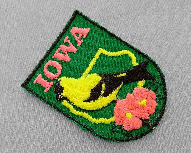 Used Vintage Iowa Patch 2.6", Embroidered Wild Rose, American Goldfinch, State Travel Souvenir, Des Moines, Cedar Rapids image 2
