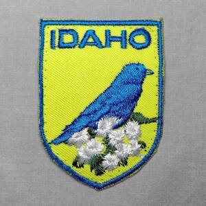 Used Vintage Idaho Bluebird Patch 2.6", State Bird Flower, Syringa Mock Orange, Boise Souvenir, Coeur d'Alene, Pocatello Sun Valley