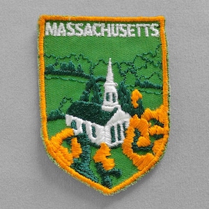 Used Vintage Massachusetts Patch 2.75", Church Fall Scene Emblem, New England Collectible, Shewsbury, Amherst Souvenir, Lexington, Concord