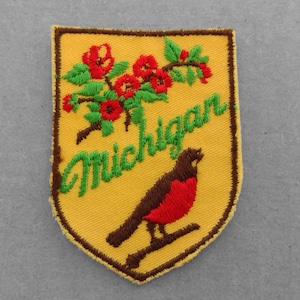 Used Vintage Michigan Patch 2.75&quot;, MI State Bird Flower, American Robin Apple Blossom, Detroit Travel, Lansing Souvenir, Ann Arbor
