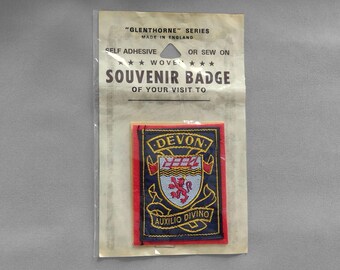 Vintage Devon Patch 2.75", County Coat of Arms, English Souvenir, Plymouth Collectible, Glenthorne Series Woven, England United Kingdom