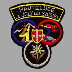 Used Vintage Hauteluce Ski Patch 3.5&quot;, Le Joly Les Saisies Souvenir, Savoie Commune, Embroidered Felt, France Travel, Chamois, Edelweiss