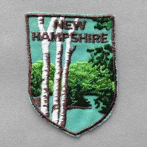 Used Vintage New Hampshire Patch 2.75", Birch Trees Mountains Forest, Manchester Souvenir, Embroidered New England Collectible