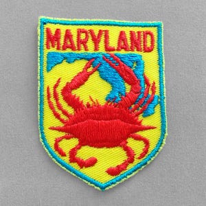 Used Vintage Maryland Patch 2.75&quot;, Blue Crab, State Map, Ocean City Travel Memorabilia, Annapolis Souvenir, Baltimore Collectible